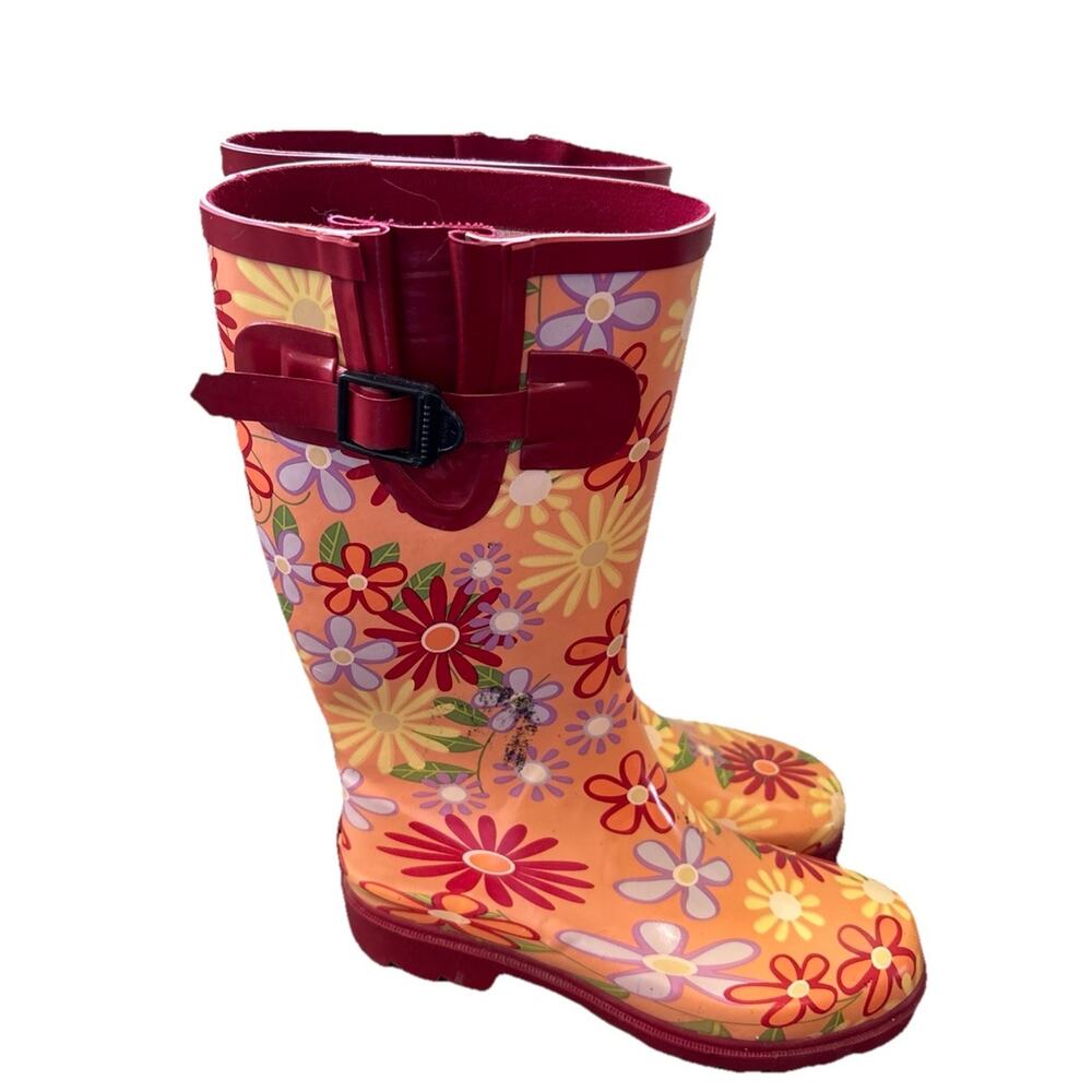 Womens Stone Creek Rubber Steel Shank Boots Size 6 Orange Flowers Rain Boots